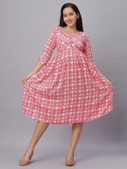 Mamma's Maternity - Women Red Cotton Checks Printed Maternity Dress