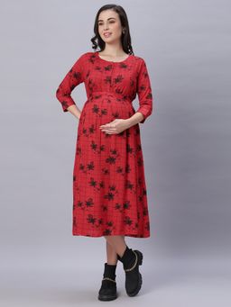 Mamma's Maternity - Women Red Cotton Floral Checks Printed Maternity Dress