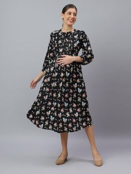 Mamma's Maternity - Women Black Cotton Floral Printed Maternity Dress