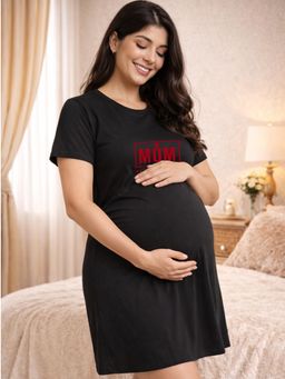 Angloindu - Women Black Text Printed T-shirt Style Maternity Night Dress