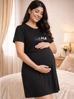 Angloindu - Women Black Text Printed T-shirt Style Maternity Night Dress