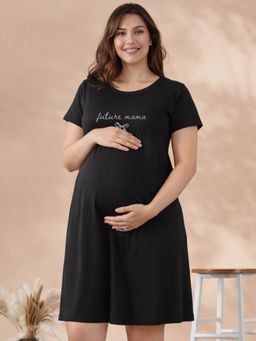 Angloindu - Women Black Text Printed T-shirt Style Maternity Night Dress