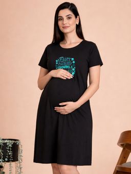 Angloindu - Women Black Text Printed T-shirt Style Maternity Night Dress