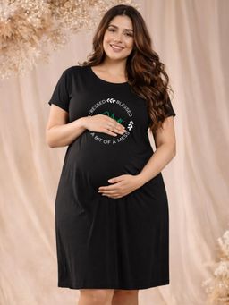 Angloindu - Women Black Text Printed T-shirt Style Maternity Night Dress