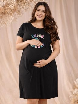Angloindu - Women Black Graphic Text Printed T-shirt Style Maternity Night Dress