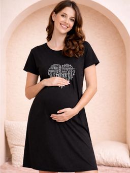 Angloindu - Women Black Text Printed T-shirt Style Maternity Night Dress