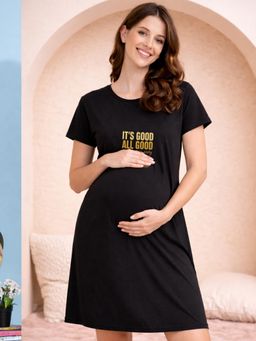 Angloindu - Women Black Text Printed T-shirt Style Maternity Night Dress