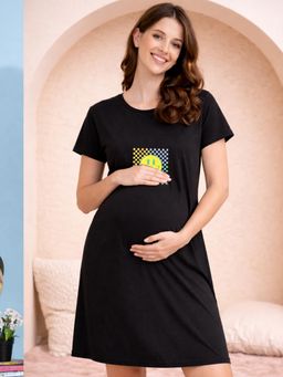 Angloindu - Women Black Graphic Printed T-shirt Style Maternity Night Dress