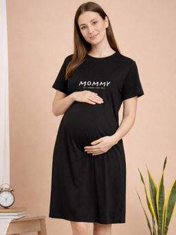 Angloindu - Women Black Text Printed T-shirt Style Maternity Night Dress