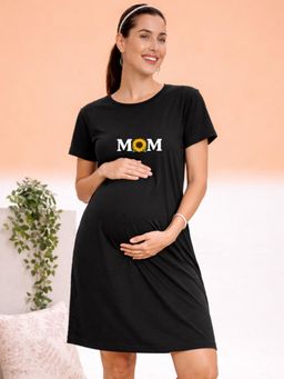Angloindu - Women Black Floral Printed T-shirt Style Maternity Night Dress