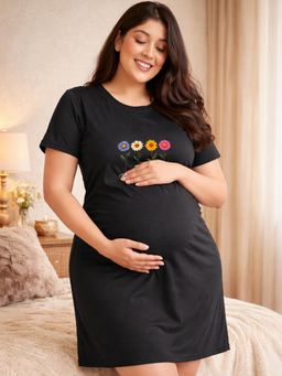 Angloindu - Women Black Floral Printed T-shirt Style Maternity Night Dress
