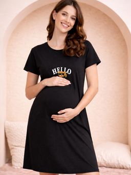 Angloindu - Women Black Graphic Printed T-shirt Style Maternity Night Dress