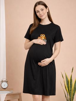 Angloindu - Women Black Graphic Printed T-shirt Style Maternity Night Dress