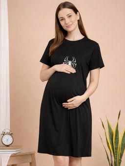 Angloindu - Women Black Graphic Printed T-shirt Style Maternity Night Dress
