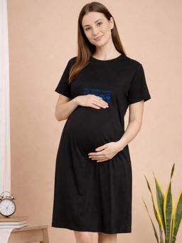 Angloindu - Women Black Graphic Text Printed T-shirt Style Maternity Night Dress
