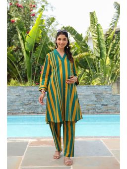 CRAFIQA - Women Prism Yellow-Green Stripes Printed Cotton Maternity Nursing Co-Ord Set