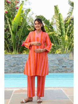 CRAFIQA - Women Flamingo Flame Stripes Printed Cotton Maternity Nursing Co-Ord Set
