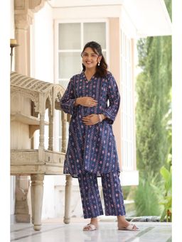 CRAFIQA - Women Navy Blue Printed Cotton Maternity Nursing Co-Ord Set