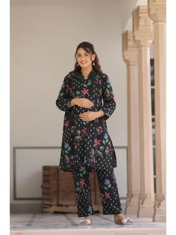 CRAFIQA - Women Wild Flower Noir Black Cotton Maternity Nursing Co-Ord Set