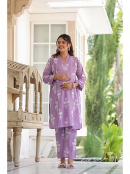 CRAFIQA - Women Lavender Floral Dream Boota Cotton Maternity Nursing Co-Ord Set