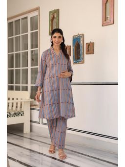 CRAFIQA - Women Multi-Color Stripes Cotton Maternity Nursing Co-Ord Set