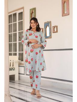 CRAFIQA - Women Grey Vintage Lotus Pond Cotton Maternity Nursing Co-Ord Set