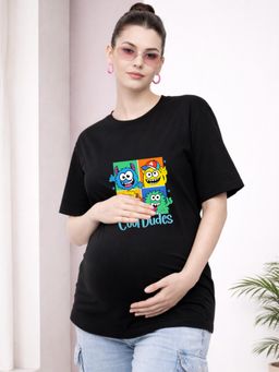 Angloindu - Women Black Graphic Printed Drop Shoulder Maternity T-shirt