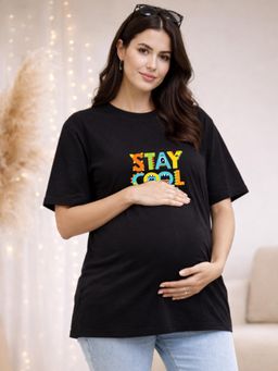 Angloindu - Women Black Text Printed Drop Shoulder Maternity T-shirt
