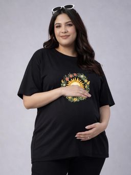 Angloindu - Women Black Floral Printed Drop Shoulder Maternity T-shirt