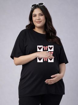 Angloindu - Women Black Graphic Floral Printed Drop Shoulder Maternity T-shirt