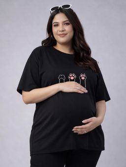 Angloindu - Women Black Graphic Printed Drop Shoulder Maternity T-shirt
