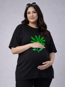 Angloindu - Women Black Text Printed Drop Shoulder Maternity T-shirt