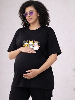 Angloindu - Women Black Graphic Printed Drop Shoulder Maternity T-shirt
