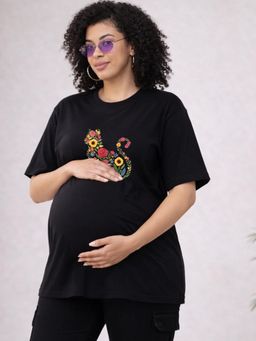 Angloindu - Women Black Floral Printed Drop Shoulder Maternity T-shirt