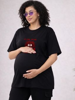 Angloindu - Women Black Graphic Printed Drop Shoulder Maternity T-shirt