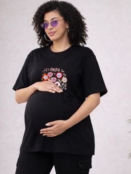 Angloindu - Women Black Floral Text Printed Drop Shoulder Maternity T-shirt