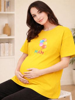 Angloindu - Women Yellow Graphic Printed Drop Shoulder Maternity T-shirt