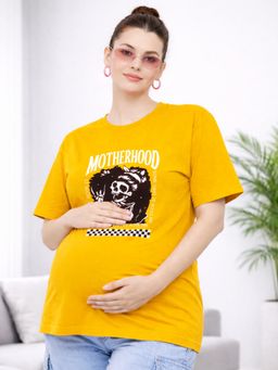 Angloindu - Women Yellow Graphic Printed Drop Shoulder Maternity T-shirt