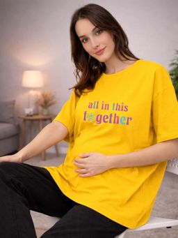 Angloindu - Women Yellow Text Printed Drop Shoulder Maternity T-shirt