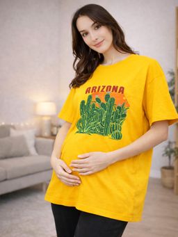 Angloindu - Women Yellow Graphic Printed Drop Shoulder Maternity T-shirt