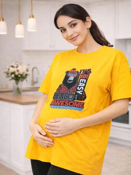 Angloindu - Women Yellow Graphic Printed Drop Shoulder Maternity T-shirt