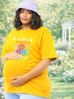 Angloindu - Women Yellow Graphic Printed Drop Shoulder Maternity T-shirt