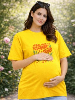 Angloindu - Women Yellow Floral Printed Drop Shoulder Maternity T-shirt