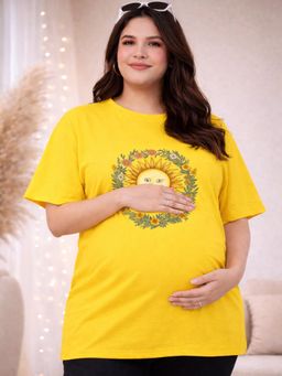 Angloindu - Women Yellow Floral Printed Drop Shoulder Maternity T-shirt
