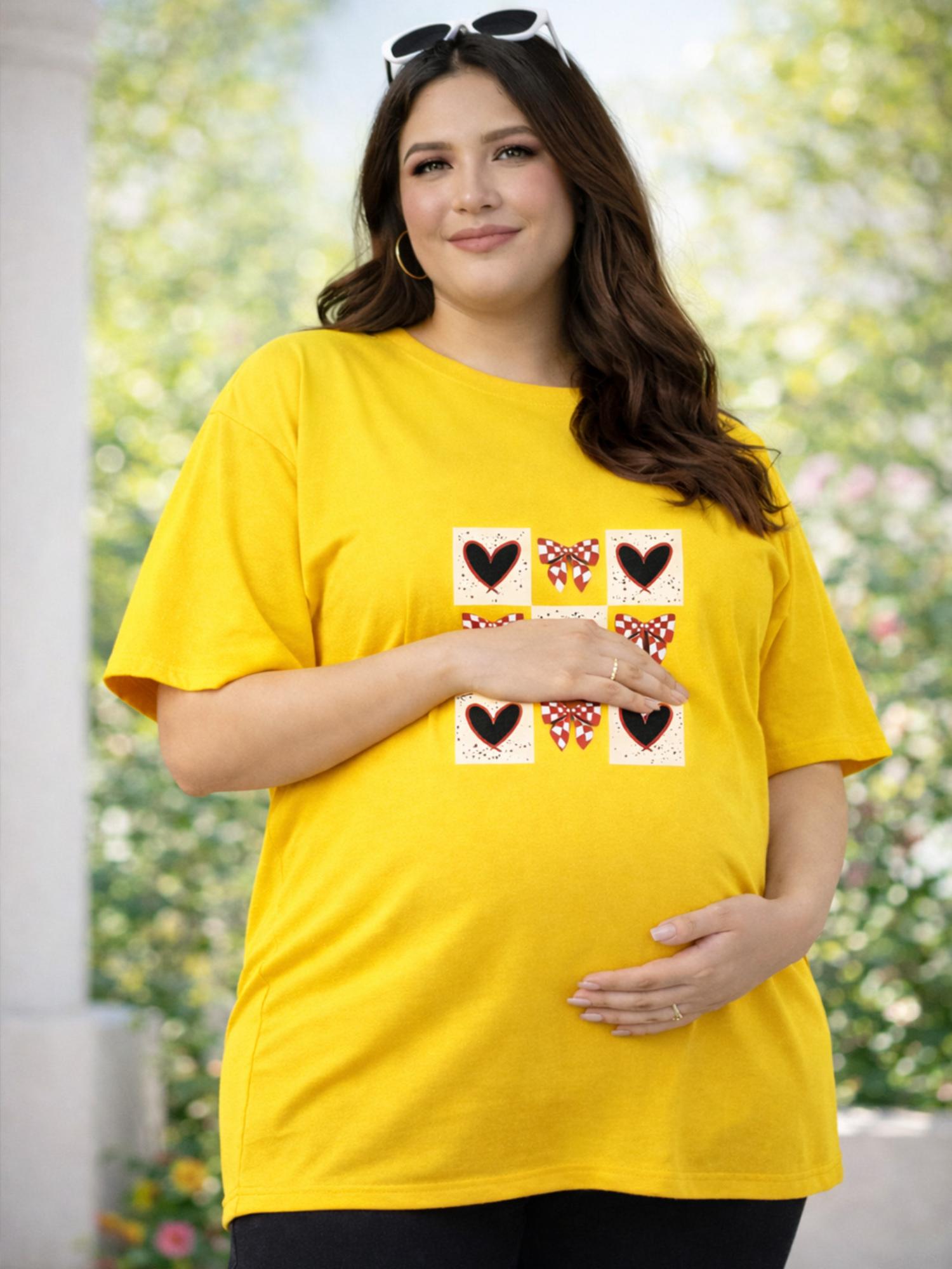 angloindu Women Yellow Graphic Heart Printed Drop Shoulder Maternity T-shirt-picture-5