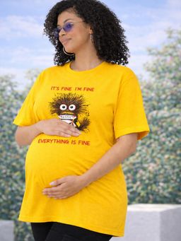 Angloindu - Women Yellow Graphic Printed Drop Shoulder Maternity T-shirt