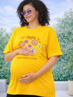 Angloindu - Women Yellow Floral Text Printed Drop Shoulder Maternity T-shirt