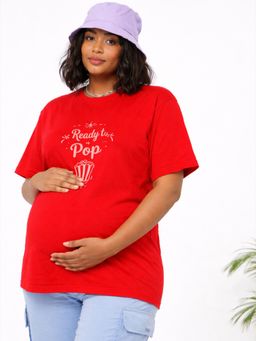 Angloindu - Women Red Text Printed Drop Shoulder Maternity T-shirt