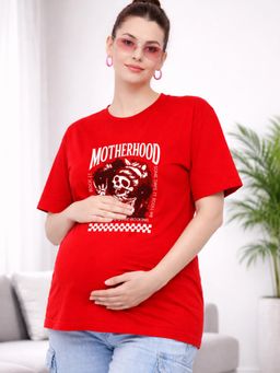 Angloindu - Women Red Graphic Printed Drop Shoulder Maternity T-shirt