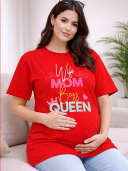Angloindu - Women Red Text Printed Drop Shoulder Maternity T-shirt